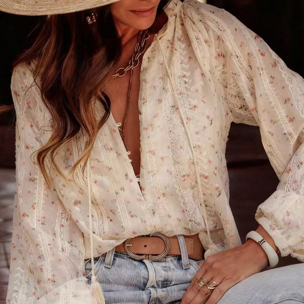 Red Apricot Boho Women's Floral Print V-Neck Casual Loose Long Sleeve Blouse